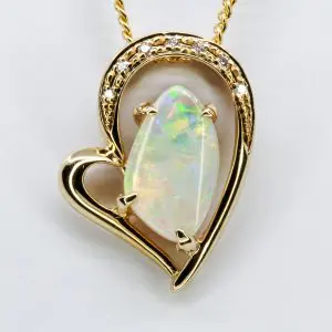 14ct Yellow Gold Solid Crystal Opal and Diamond Pendant