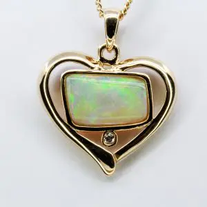 14ct Yellow Gold Solid Crystal Opal and Diamond Pendant
