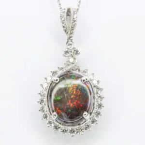 18ct White Gold Solid Black Opal and Diamond Pendant