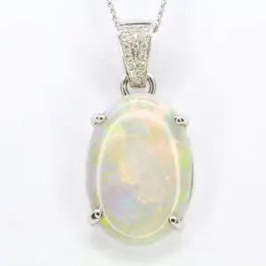18ct White Gold Solid Grey Opal and Diamond Pendant