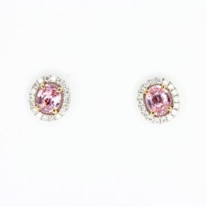 Oval Pink Sapphire Earrings with Halo of Diamond set in 18ct White Gold & Yellow Gold