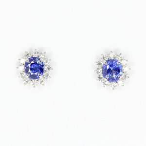 Oval Sapphire Earrings with Halo of Diamond set in 18ct White Gold