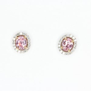 Oval Pink Sapphire Earrings with Halo of Diamond set in 18ct White Gold