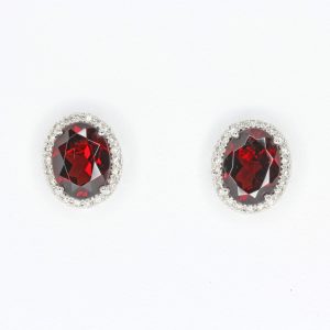 Oval Garnet Earrings with Halo of Diamond set in 18ct White Gold