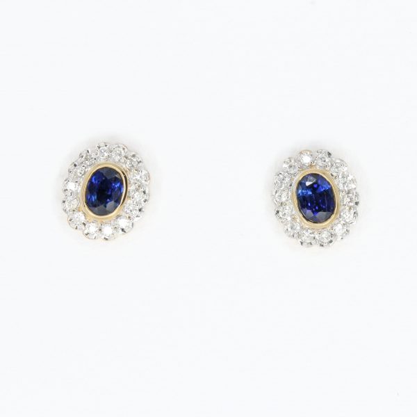 Oval Sapphire Earrings with Halo of Diamond set in 9ct Yellow Gold