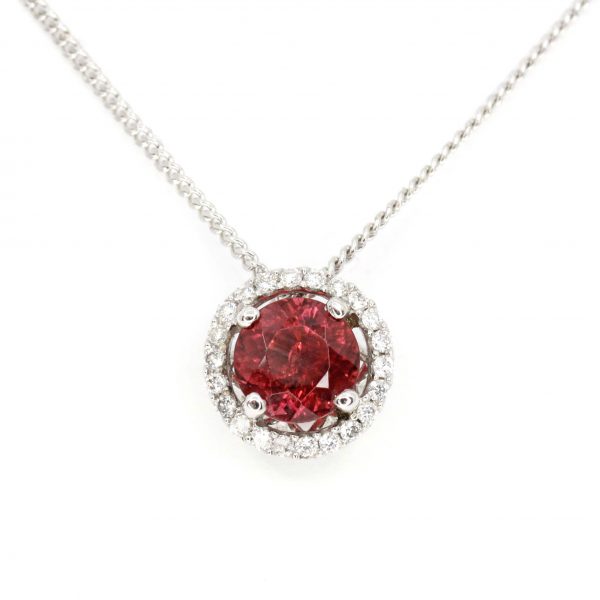 Round Cut Pink Tourmaline Pendant with Diamonds set in 18ct White Gold