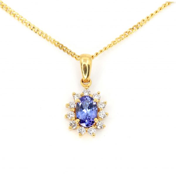 Oval Tanzanite Pendant with Halo of Diamonds set in 18ct Yellow Gold