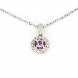 Round Cut Pink Sapphire Pendant with Diamonds set in 18ct White Gold