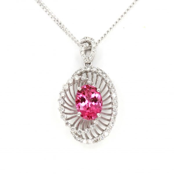 Oval Pink Tourmaline Pendant with Halo of Diamonds set in 18ct White Gold