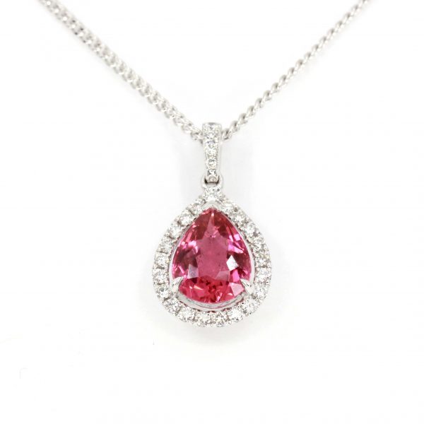 Pear Cut Pink Tourmaline Pendant with Diamonds set in 18ct White Gold