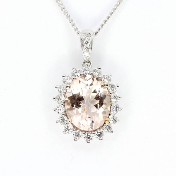 Oval Morganite Pendant with Halo of Diamonds set in 18ct White Gold