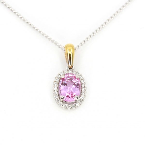 Oval Pink Tourmaline Pendant with Halo of Diamonds set in 18ct White Gold & Yellow Gold