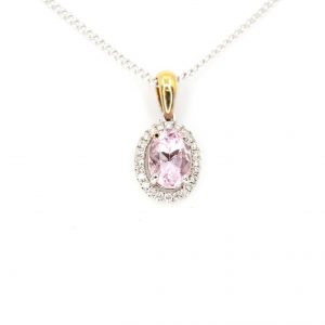 Oval Morganite Pendant with Halo of Diamonds set in 18ct White Gold &Yellow Gold