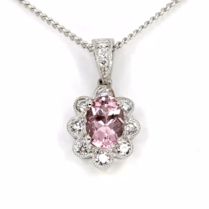 18ct White Gold Morganite and Diamond Pendant