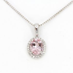 Oval Morganite Pendant with Halo of Diamonds set in 18ct Rose Gold