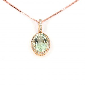Oval Green Quartz Pendant with Halo of Diamonds set in 18ct Rose Gold