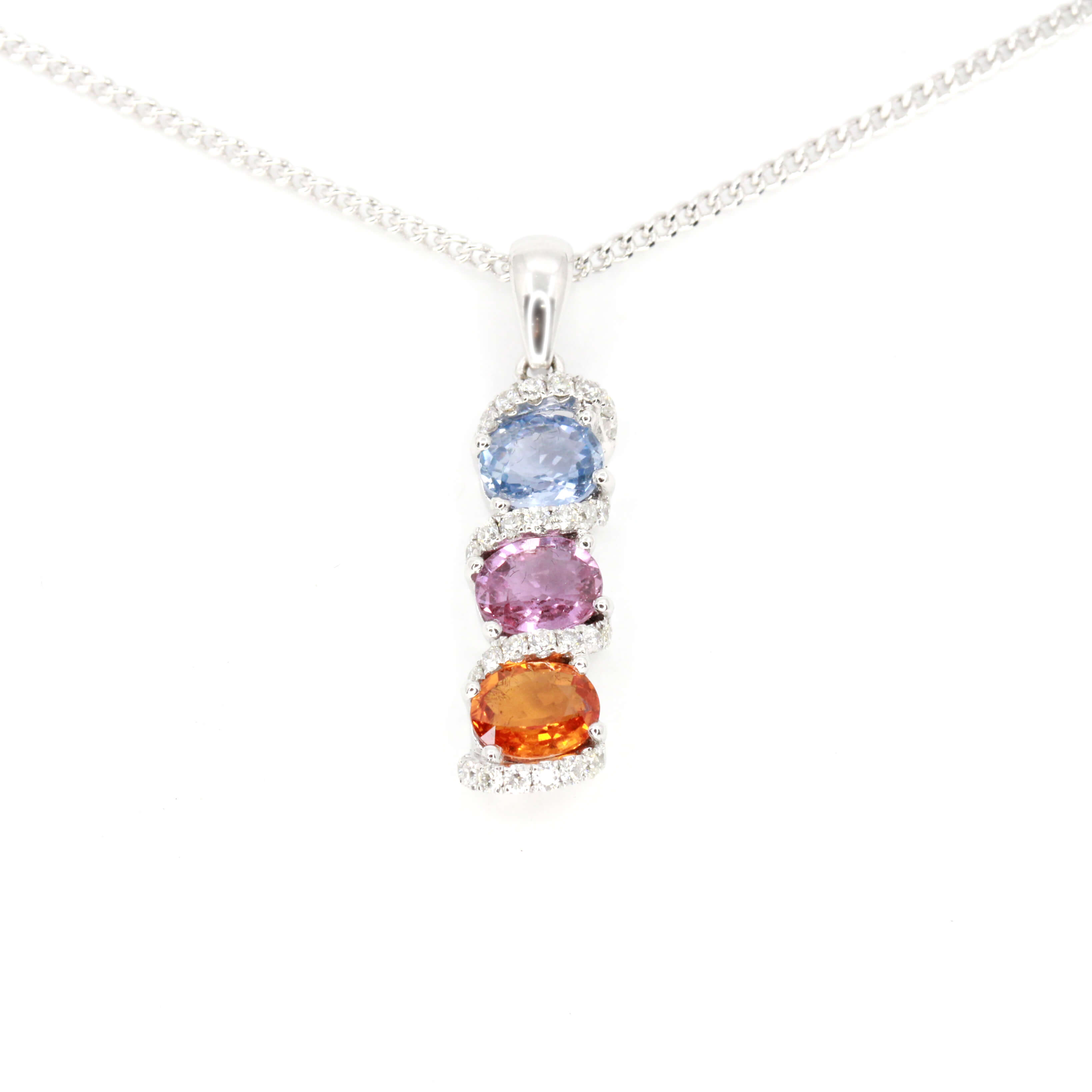 Oval Blue, Pink, Orange Sapphire Pendant with Diamonds set in 18ct White Gold