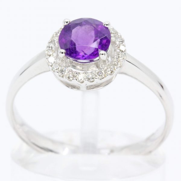 Amethyst Ring with Diamond Halo Set in 18ct White Gold
