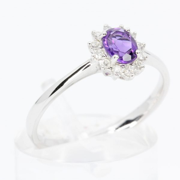 Amethyst Ring with Diamond Halo Set in 18ct White Gold