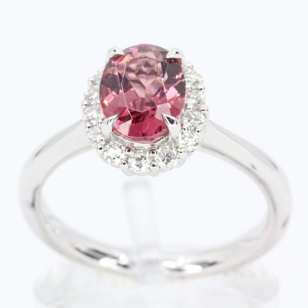 Oval Shape Pink Tourmaline Ring with Halo of Diamonds Set in 18ct White Gold