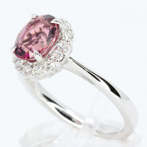 Oval Shape Pink Tourmaline Ring with Halo of Diamonds Set in 18ct White Gold