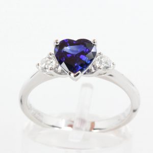 Heart Shape Ceylon Sapphire Triliogy Diamond Ring Set in 18ct White Gold