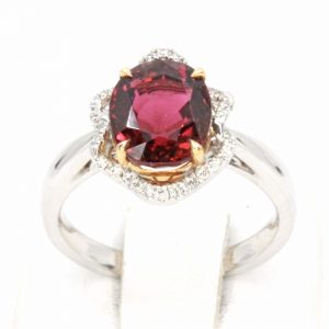 Oval Tourmaline Ring with Fancy Diamond Halo Set in 18ct White Gold & Rose Gold