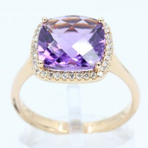 Cushion Shape Amethyst Ring with Halo of Diamonds Set in 18ct Rose Gold