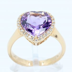 Heart Shape Amethyst Ring with Halo of Diamonds Set in 18ct Rose Gold