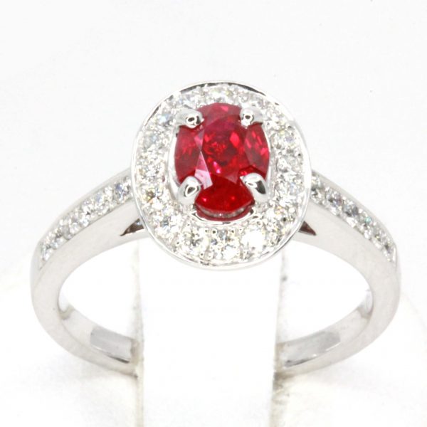 Oval Cut Ruby Ring with Accents of Diamonds Set in 18ct White Gold