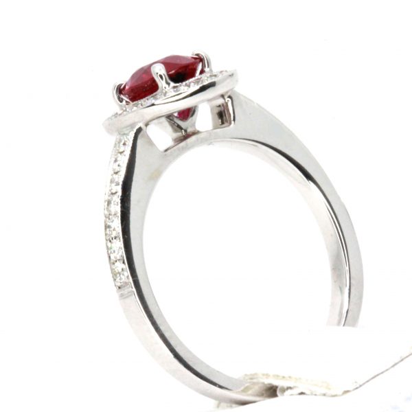 Oval Cut Ruby Ring with Migraine of Diamonds Set in 18ct White Gold