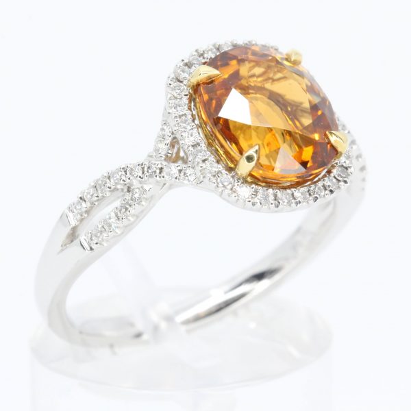 2.85ct Cusion Cut Orange Tourmaline Ring with Diamond Accents Set in 18ct White Gold