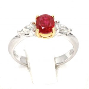 Oval Ruby Ring with Pear Shape Diamonds Set in Platinum & 18ct Yellow Gold