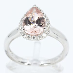 Pear Cut Morganite Ring with Halo of Diamonds Set in 18ct White Gold