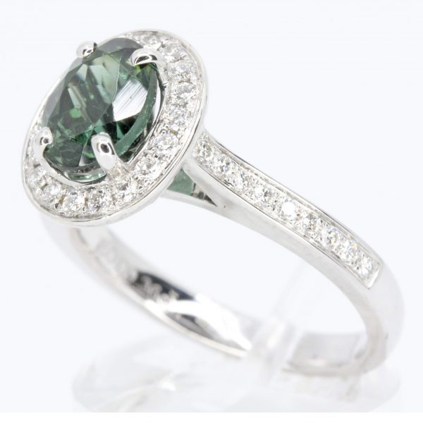 Oval Shape Green Tourmaline Ring with Accents of Diamonds Set in 18ct White Gold