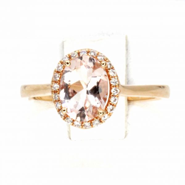 Oval Shape Morganite Ring with Halo of Diamonds Set in 18ct Rose Gold