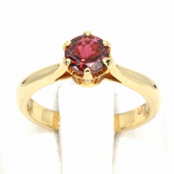 Round Cut Pink Tourmaline Ring with Accents of Diamonds Set in 18ct Yellow Gold