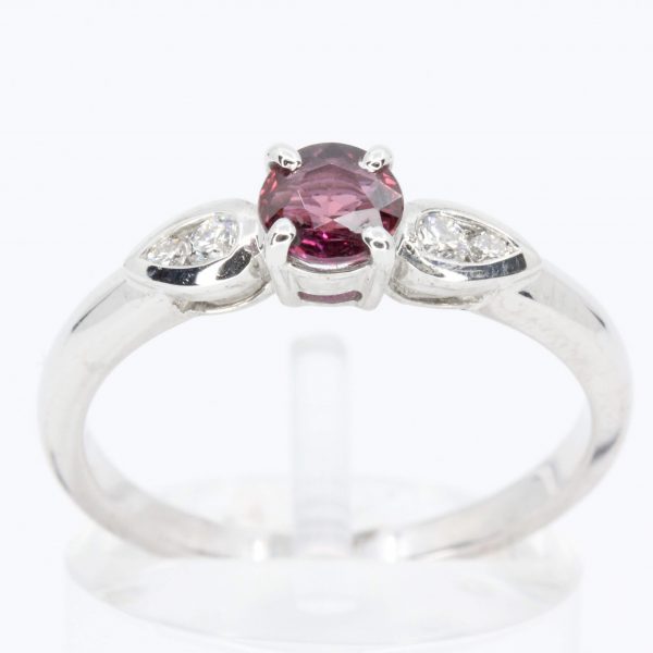 Round Cut Ruby Ring with Accents of Diamonds Set in 18ct White Gold
