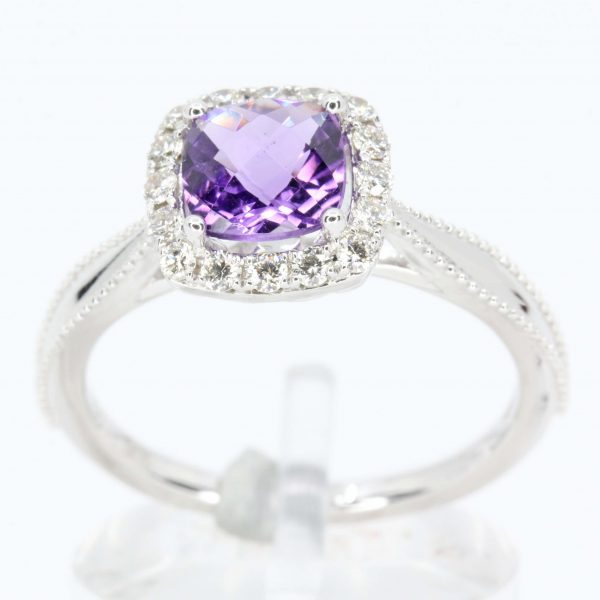 Cushion Cut Amethyst Ring with Diamond Accents Set in 18ct White Gold
