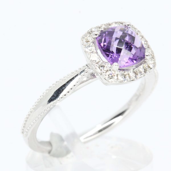 Cushion Cut Amethyst Ring with Diamond Accents Set in 18ct White Gold