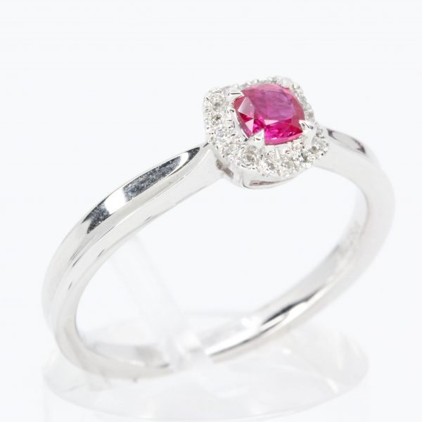 Cushion Shape Ruby Ring with Halo of Diamonds Set in 18ct White Gold