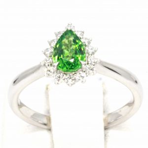 Pear Cut Tsavorite Ring with Halo of Diamonds Set in 18ct White Gold