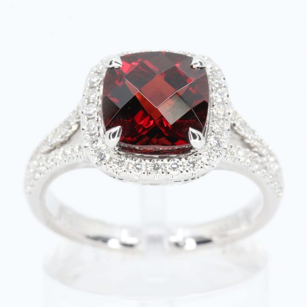 Cushion Shape Garnet Ring with Accents of Diamonds Set in 18ct White Gold