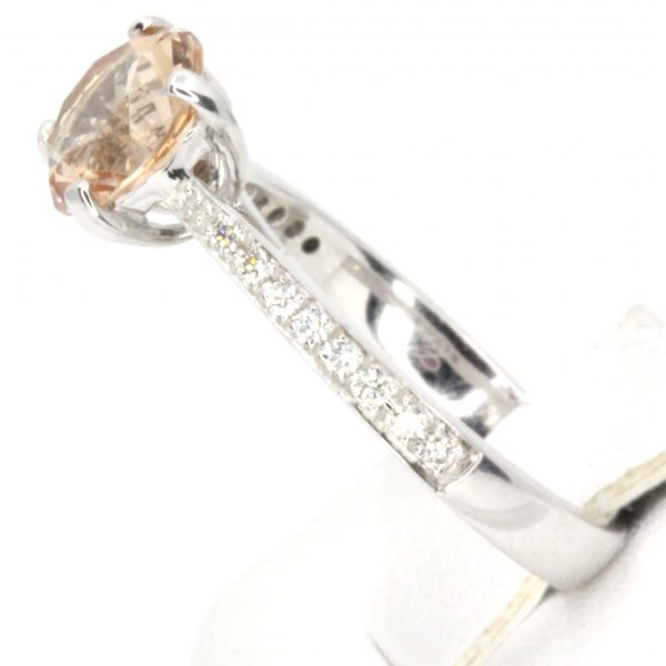 Round Cut Solitaire Imperial Topaz Ring with Accents of Diamonds Set in 18ct White Gold