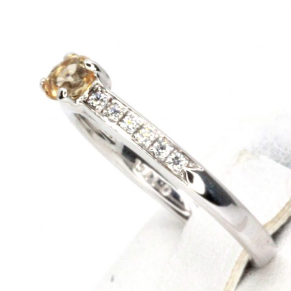 Round Cut Solitaire Gold Topaz Ring with Accents of Diamonds Set in 18ct White Gold