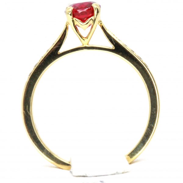 Round Cut Solitaire Top Grade Ruby Ring with Accents of Diamonds Set in 18ct Yellow Gold