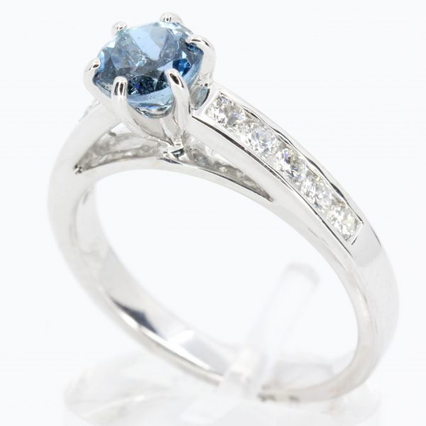 Round Cut Aquamarine Ring with Accents of Diamonds Set in 18ct White Gold