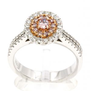 Claw Set Pink Diamonds with Halo of Diamonds set in 18ct White Gold