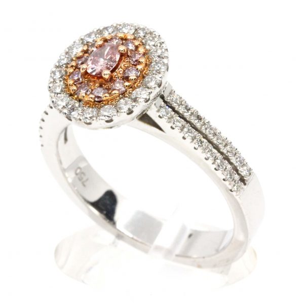 Claw Set Pink Diamonds with Halo of Diamonds set in 18ct White Gold