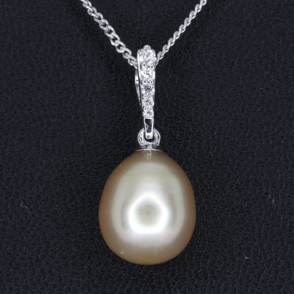 Golden South Sea Pearl Pendant with Diamonds set in 18ct White Gold